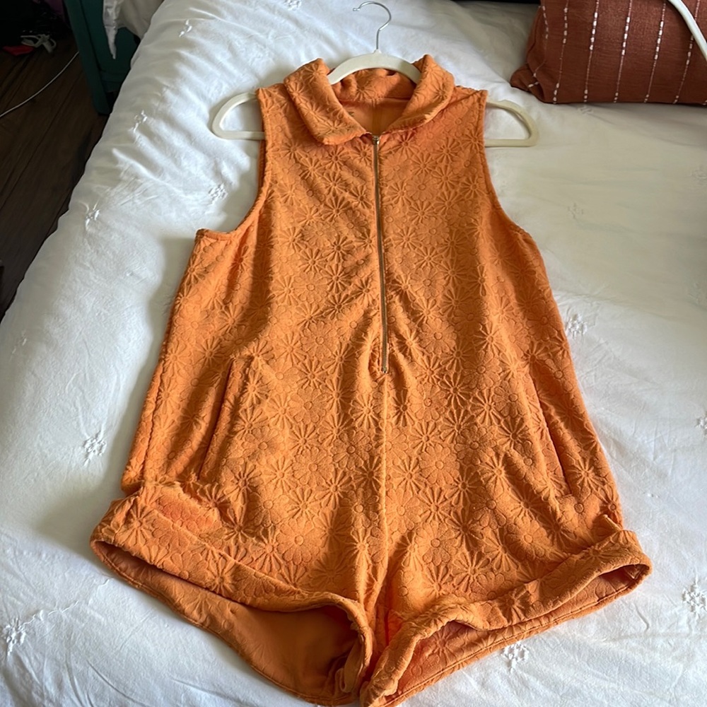 Skatie Orange Floral Textured Sleeveless Romper